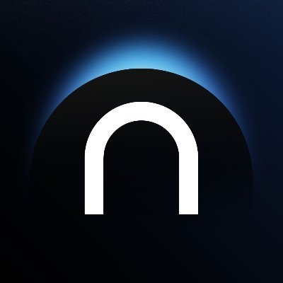 A stylized logo featuring a white arch shape resembling an 'n' set against a dark circular background with a glowing blue halo effect at the top.