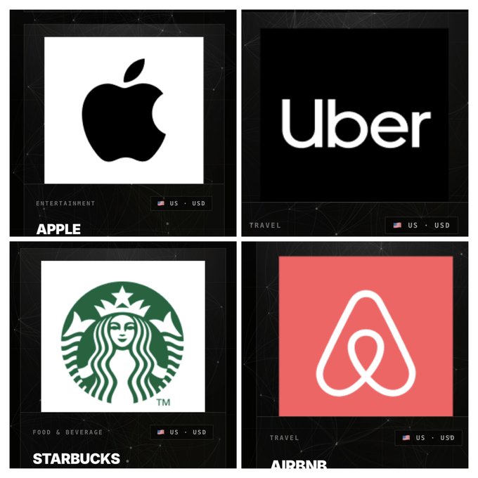 A four-panel graphic displaying logos for major companies: Apple (Entertainment), Uber (Travel), Starbucks (Food & Beverage), and Airbnb (Travel), each labeled with 'US · USD'.