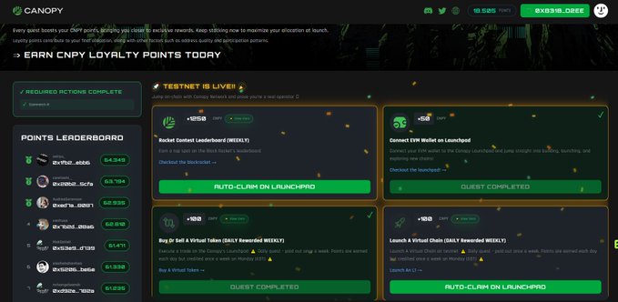 This image displays the Canopy platform dashboard, showing various interactive quests and a leaderboard to earn "CNPY Loyalty Points" through on-chain activities. The interface visualizes the "required actions complete" status and features a progress tracker for tasks like connecting an EVM wallet or buying/selling virtual tokens.