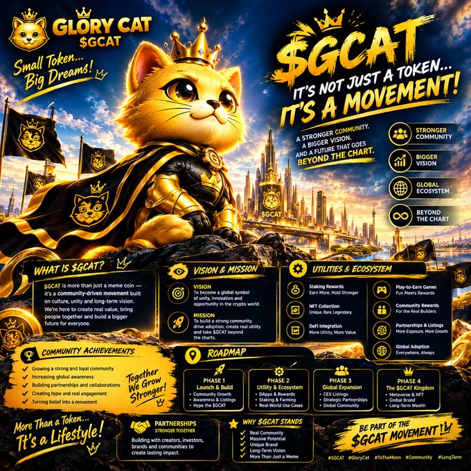 A promotional infographic for 'Glory Cat ($GCAT)' meme coin features an armored cat king with the tagline 'Small Token... Big Dreams! It's Not Just A Token... It's A Movement!' and details its vision, mission, utilities, community achievements, and a four-phase roadmap.