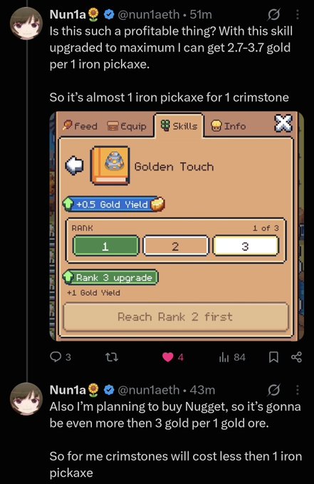 A tweet by Nun1a (@nun1aeth) discussing gold yield in a game, featuring a 'Golden Touch' skill screenshot that shows a +0.5 Gold Yield upgrade.