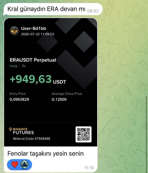 A screenshot of a Binance Futures trade showing a +949.63 USDT profit on an ERAUSDT Perpetual Long position (5x leverage), with an entry price of 0.0963829 and an average close price of 0.12500, sent in a chat where the user defends the "ERA" token unconventional name.