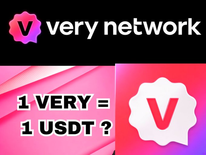 Promotional graphic for the 'very network' cryptocurrency token, asking '1 VERY = 1 USDT ?' with the token's pink and white 'V' logo displayed prominently.
