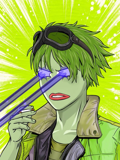 An illustration of a character with green hair, goggles on their head, and glasses emitting purple laser beams from their eyes.