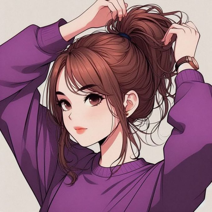 An anime-style illustration of a young woman with brown hair tying her hair up while wearing an oversized purple sweater.