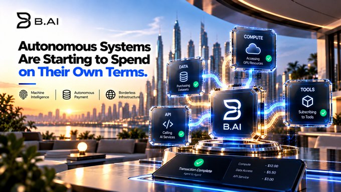 A promotional graphic for B.AI showing 'Autonomous Systems Are Starting to Spend on Their Own Terms' with features for Machine Intelligence, Autonomous Payment, and Borderless Infrastructure, displaying connected modules for COMPUTE, DATA, TOOLS, and API services.