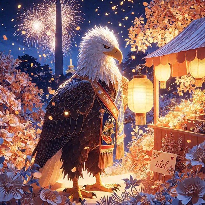 A detailed digital artwork of a bald eagle wearing a decorative kimono-style garment, standing among cherry blossoms and glowing lanterns with fireworks in the background, and a small sign that reads 'idol'.