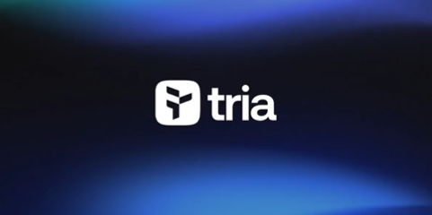 The image shows a logo for an app called Tria. The logo features white text "Tria" against a dark blue background, indicating that the app is designed for use with the Trian cryptocurrency. The image also contains information about what the app can do and where users should focus their attention when looking at it.