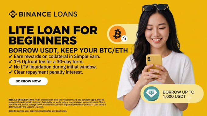 A Binance Loans promotional banner for 'LITE LOAN FOR BEGINNERS' offering USDT borrowing while keeping BTC/ETH collateral, featuring benefits like earning rewards on collateral and a 1% upfront fee, allowing users to borrow up to 1,000 USDT.