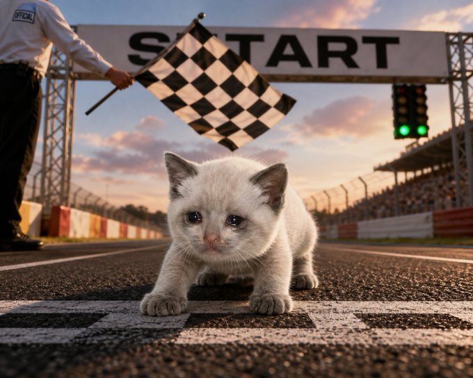 A small white kitten positioned on a checkered start/finish line at a race track, with a race official waving a checkered flag in the background under a sunset sky.
