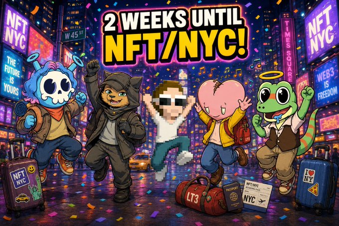 A vibrant promotional poster reading '2 WEEKS UNTIL NFT/NYC!' featuring five cartoon characters—a blue skeleton, a hooded cat, a pixelated figure, a pink monster, and a green frog—jumping joyfully with luggage in a neon-lit Times Square setting, with signage including 'NFT NYC', 'TIMES SQUARE', 'WEB3 IS FREEDOM', 'THE FUTURE IS YOURS', 'I [heart] NY', and 'NFT/NYC' branding.