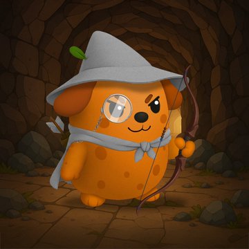 A cute cartoon illustration of an orange dog character dressed as an archer with a gray hat, scarf, and bow, standing inside a stone cave.
