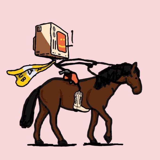 Illustration of a retro computer monitor riding a brown horse, wearing a yellow scarf and holding a dollar bill.