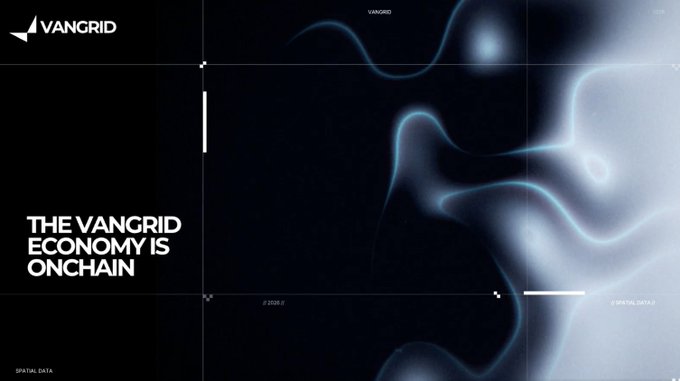 A dark, abstract digital banner featuring the VANGRID logo and the text 'THE VANGRID ECONOMY IS ONCHAIN' alongside '// 2026 //' and 'SPATIAL DATA' labels.
