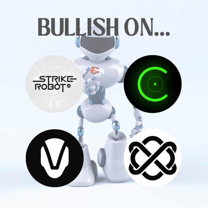 The image features a robot standing against a white background, with four different logos displayed around its neck. The first logo is for "@virtual_io", the second is for "strike-robots", the third is for "baseball", and the fourth one is for "repo". These logos are associated with various robotics projects that have been selected as favorites by virtuals, and they are all related to the post about "Bullish on... Strike! Robot!".