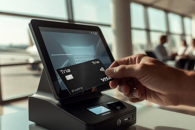 The image shows a person holding a black Visa card, which appears to be a Mastercard, at an airport terminal. The person is using a terminal device or kiosk to scan their card for approval. This scene highlights the convenience of modern technology in facilitating travel and payment transactions.