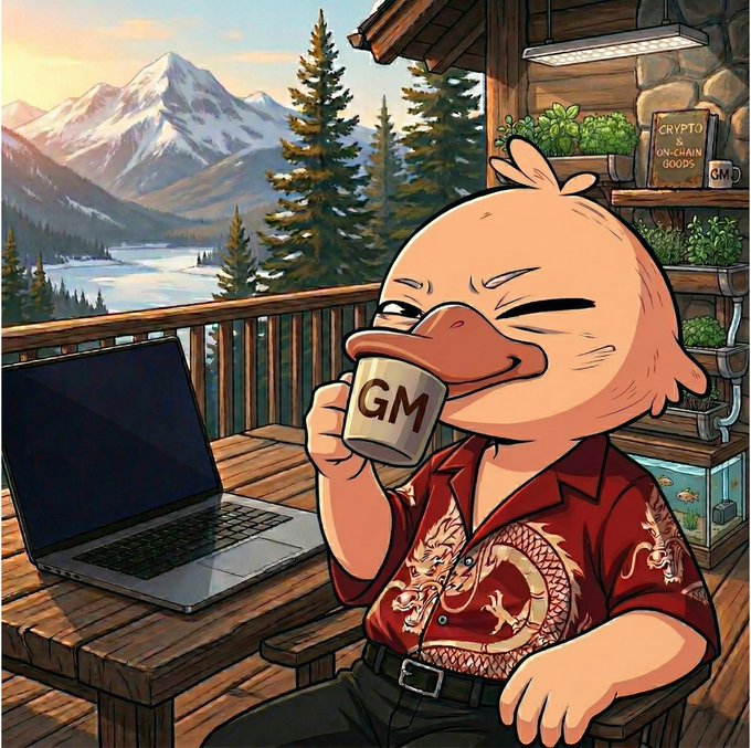 The image features a cartoon duck sitting at a wooden table with a laptop computer open next to him. The duck appears to be drinking from a cup, possibly coffee or tea, while holding the laptop. The scene takes place outdoors, likely on a porch or deck, giving it a relaxed and casual atmosphere.