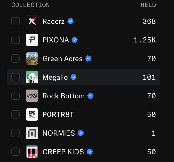 The image displays a list of NFT collections with their quantities held, including Racerz (368), PIXONA (1.25K), Green Acres (70), Megalio (101), Rock Bottom (70), PORTR8T (50), NORMIES (1), and CREEP KIDS (50), illustrating the user "crypto_czar_eth's" massive accumulation across numerous new NFT collections.