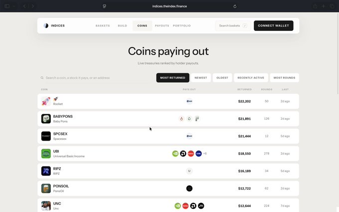 Screenshot of indices.theindex.finance website showing a 'Coins paying out' page with a list of cryptocurrencies including Rocket, BABYPONS, SPCSEX, UBI, RPZ, PONSOL, and UNC, displaying payouts ranging from $12,644 to $22,202.
