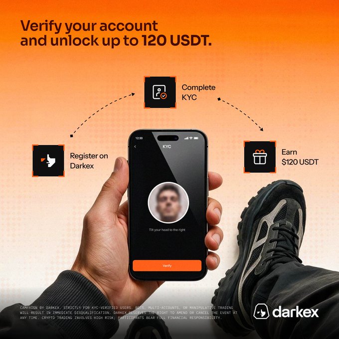 An advertisement for Darkex cryptocurrency exchange with the text 'Verify your account and unlock up to 120 USDT', showing a smartphone with a KYC verification screen and a reward icon.