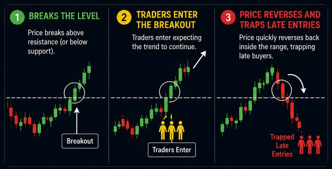 A three-panel trading diagram illustrating a failed breakout scenario, with numbered steps: (1) "Breaks the Level" showing price breaking above resistance with a "Breakout" arrow, (2) "Traders Enter the Breakout" depicting yellow figures entering the trade, and (3) "Price Reverses and Traps Late Entries" showing red "Trapped Late Entries" figures as price reverses back into the range. The visual directly supports the post's explanation of how false breakouts trap traders who enter expecting a trend continuation.