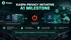 A digital banner titled 'KASPA PRIVACY INITIATIVE A1 MILESTONE' featuring icons representing AI training, on-chain data, secure L2 storage, and ecosystem scalability.