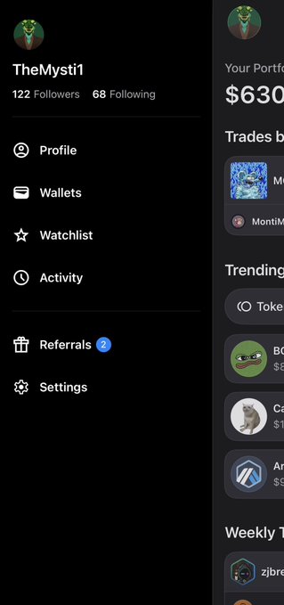 A dark-themed mobile app interface displays user profile "TheMysti1" with 122 followers and 68 following, alongside menu options like Profile, Wallets, Watchlist, and Activity, with a "Referrals" badge showing the number 2. The image appears to support a post about OpenSea mobile invites, as the visible referral count of 2 aligns with the "2 more @opensea mobile invites unlocked" mentioned in the caption.