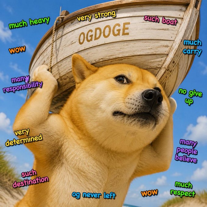 A Doge meme image shows a Shiba Inu dog lifting a wooden boat labeled 'OGDOGE' against a blue sky, surrounded by 'Doge-speak' phrases like 'much heavy', 'very strong', 'such boat', and 'wow'.