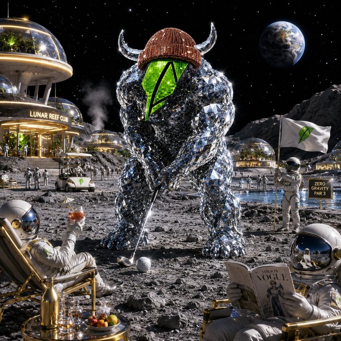 A surreal AI-generated image depicting a crystal-like bull wearing a Viking helmet with an NVIDIA logo, playing golf on the moon while astronauts in a 'Lunar Reef Club' relax nearby.