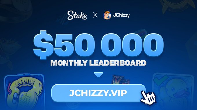The image features a large blue banner with white text, advertising $50 in Bitcoin as a paid promotion for a new leaderboard. The banner also contains an additional button at the bottom, which encourages users to follow @JChizzyRT/Like/drop to stay updated on any new news and announcements related to this promotion.