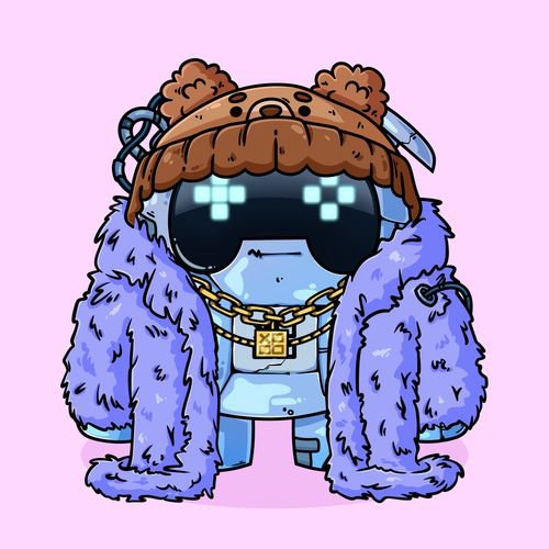 A cartoon character with a pixelated visor, bear-eared cap, lavender fur coat, and gold padlock chain stands against a pink background, complementing the post's promotion of Nomisma Network as a stylish, AI-driven DeFi infrastructure play on Chromia.
