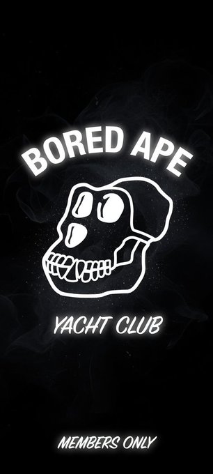 The image features a stylized white neon-style Bored Ape skull logo on a black background, accompanied by the text "BORED APE YACHT CLUB" arching above and "MEMBERS ONLY" displayed at the bottom. This aligns with the post, which presents the graphic as an exclusive members-only wallpaper for the Bored Ape Yacht Club community.