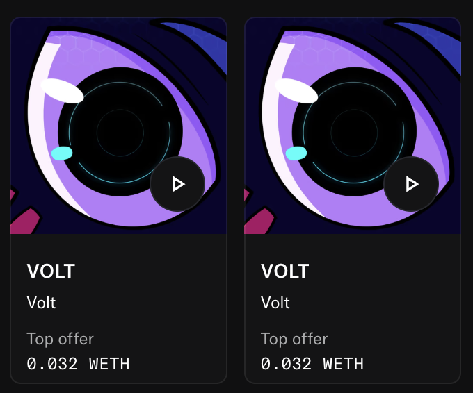 Two identical NFT listing cards side-by-side displaying a purple eye graphic labeled "VOLT" with a "Top offer" price of "0.032 WETH".