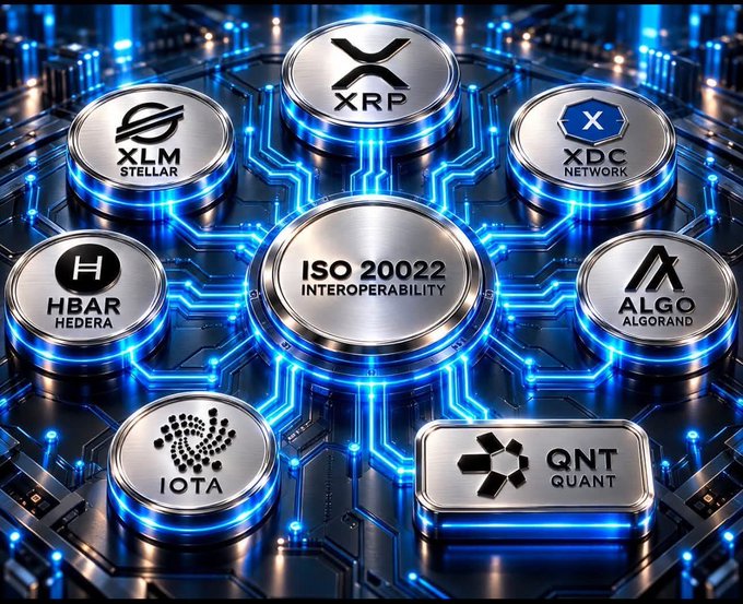 A futuristic 3D illustration depicting ISO 20022 interoperability, showing interconnected silver coins for various cryptocurrencies including XRP, XLM Stellar, XDC Network, HBAR Hedera, ALGO Algorand, IOTA, and QNT Quant on a blue circuit board.