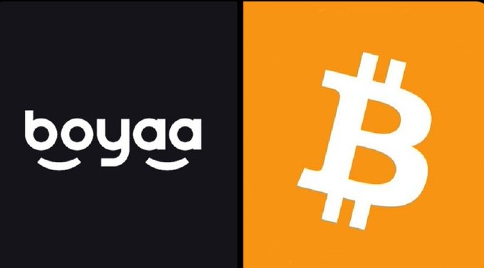 The image shows a split graphic with the "boyaa" logo on a black background on the left and the Bitcoin symbol (₿) in white on an orange background on the right, visually representing Boyaa Interactive's corporate Bitcoin acquisition and growing BTC treasury.