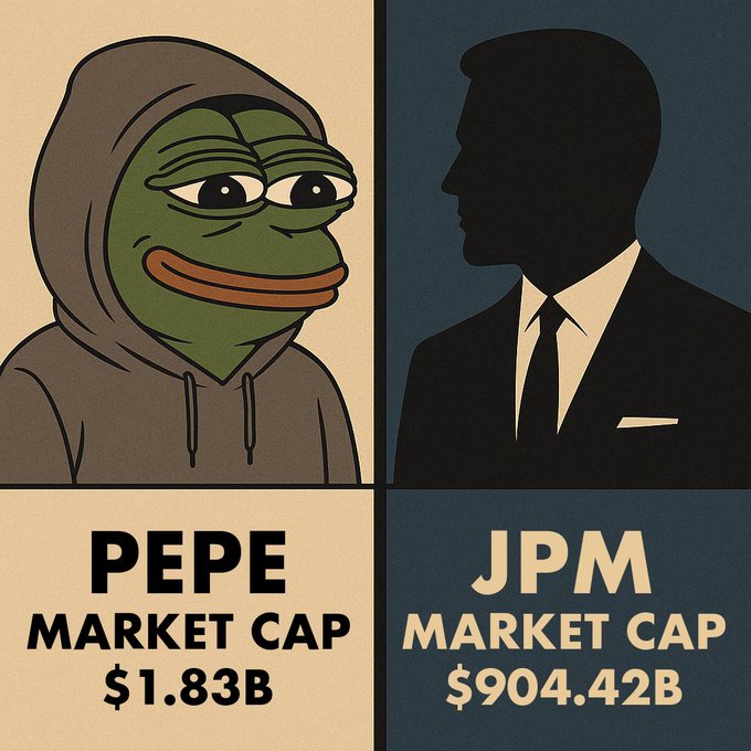 A split graphic comparing PEPE Market Cap at $1.83B (depicted as the Pepe frog character) to JPM Market Cap at $904.42B (depicted as a silhouetted suited figure).