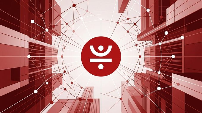 A red and white graphic features a central circular logo with interconnected dots and lines radiating outward in a network pattern.