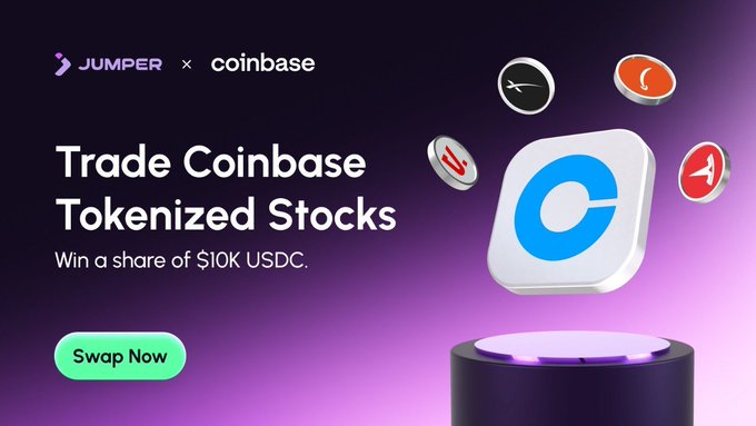 Promotional banner for Jumper x Coinbase featuring the text 'Trade Coinbase Tokenized Stocks', 'Win a share of $10K USDC.', and a 'Swap Now' button, alongside the Coinbase app icon surrounded by floating coin tokens.