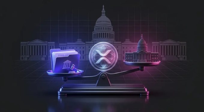 Digital artwork showing a balance scale weighing an XRP coin against government documents, with the US Capitol building in the background, symbolizing the Ripple vs SEC legal battle.