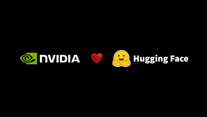 A simple graphic on a black background showing the 'NVIDIA' logo, a red heart emoji, and the 'Hugging Face' logo with its hugging face emoji.