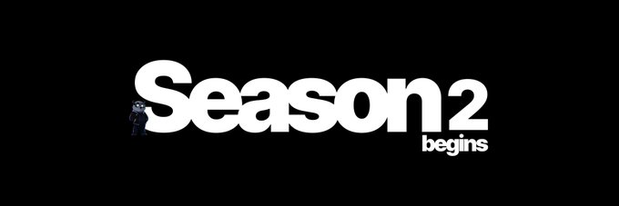 A black promotional graphic with white text reading 'Season 2 begins' featuring a small cat illustration.