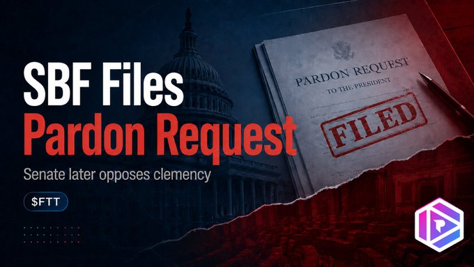 A news graphic titled "SBF Files Pardon Request" with the subheading "Senate later opposes clemency," featuring an image of a "PARDON REQUEST TO THE PRESIDENT" document stamped "FILED" against a backdrop of the U.S. Capitol, illustrating Sam Bankman-Fried's formal clemency application while he serves a 25-year federal sentence.