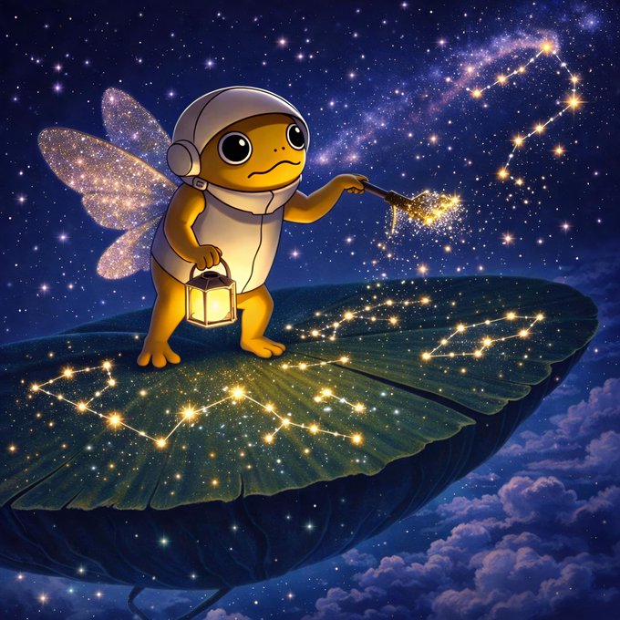 A whimsical yellow creature wearing a space helmet and fairy wings stands on a star-covered leaf, using a brush to paint constellations while holding a glowing lantern that lights the way through the night sky. The image perfectly illustrates the post's message of imagination and guidance through the vast universe, with the creature's lantern and brushwork symbolizing how small acts of creativity can illuminate even the grandest cosmic paths.