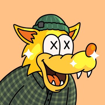 A cartoonish yellow wolf character with X-shaped eyes, sparkles on its face, and sharp fangs wears a green beanie and a plaid flannel shirt against a peach background. The illustration appears to represent one of the collectible items mentioned in the post—likely the wolf NFT from Franky the Frog's Nibbles collection that the user acquired along with a matching beanie and shirt outfit.