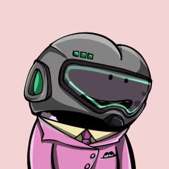 A cartoon character wearing a green and black futuristic helmet with a visor, dressed in a pink jacket over a white shirt and tie.