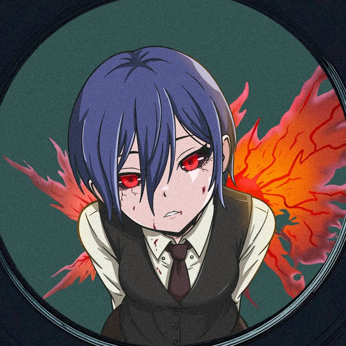 Anime illustration of a blue-haired character with glowing red eyes, wearing a vest and tie, with red flames bursting behind them against a dark green background.