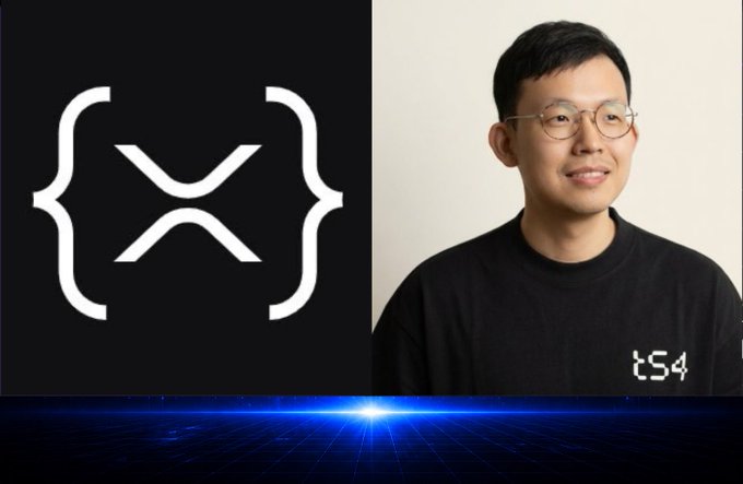 A man wearing glasses and a black shirt with 'tS4' text stands next to the Haskell programming language logo (the curly braces with an X).