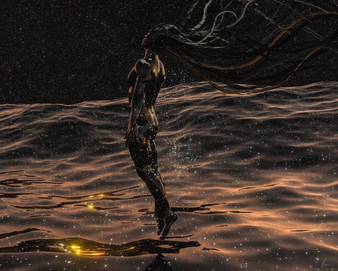A solitary humanoid figure floats above a surreal, rippling cosmic sea, with golden lights scattered like stars across both the dark liquid surface and the figure itself. The ethereal scene visually embodies the caption's theme of unity with the universe, with the formlessness of hair blending into the celestial expanse suggesting transcendence between self and cosmos.