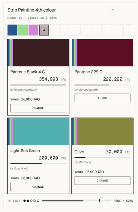 A screenshot of an NFT marketplace titled 'Strip Painting 4th colour' displaying color swatches including 'Pantone Black 4 C' at 354,993 TAO and 'Light Sea Green' at 200,000 TAO.