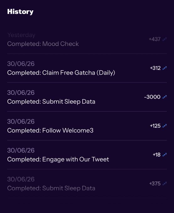 A mobile app 'History' screen on a dark purple background showing a list of completed tasks with point rewards: 'Mood Check' +437, 'Claim Free Gatcha (Daily)' +312, 'Submit Sleep Data' -3000, 'Follow Welcome3' +125, 'Engage with Our Tweet' +18, and another 'Submit Sleep Data' +375, dated 30/06/26.